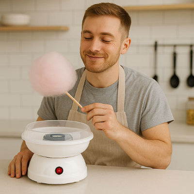 homme utilise machine barbe a papa blanche