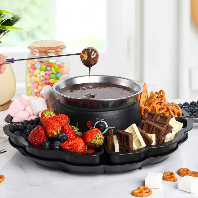 plateau appareil fondue au chocolat garni aliments succulents