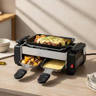 appareil a raclette pour 2 gros plan garni aliments