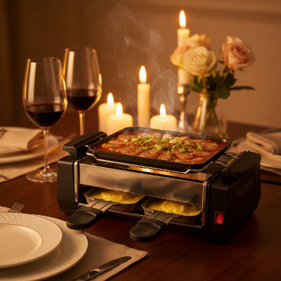 appareil a raclette pour 2 gros plan garni nourriture