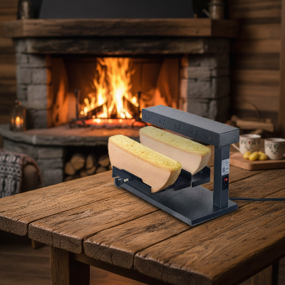 appareil a raclette traditionnel devant feu foyer