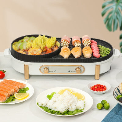 grill electrique plancha blanc garnie aliments sur table