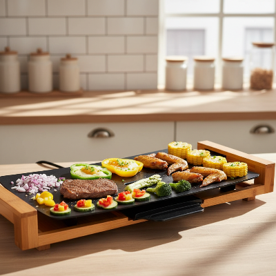 plancha electrique noire garnie aliments