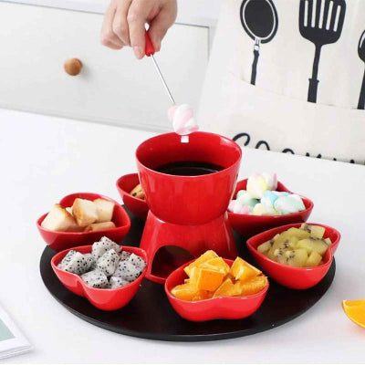 service a fondue chocolat bols en coeur remplis fruits