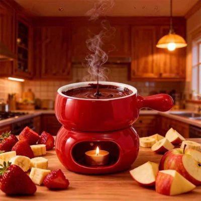 service fondue rouge sur comptoir avec fruits